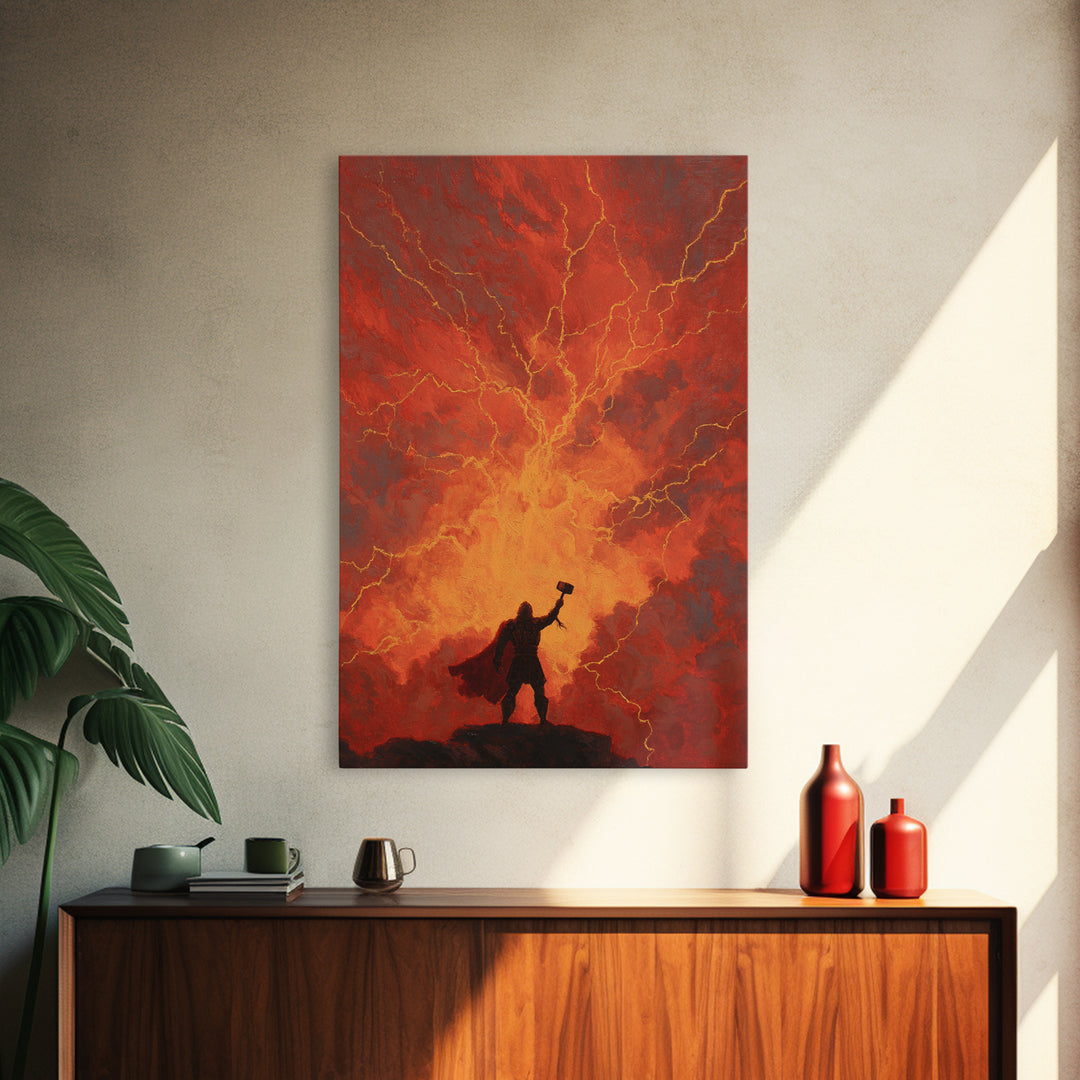 Thor Hammer Lightning Wall Art, Norse Mythology Storm Painting, Dramatic Red Sky Canvas Decor For Fantasy Home Office Gift