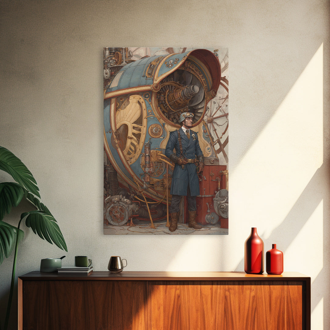Steampunk Aviator Beside Airship Engine Framed Canvas Print, Industrial Wall Decor, Fantasy Art, Office Decor, Gift For Him