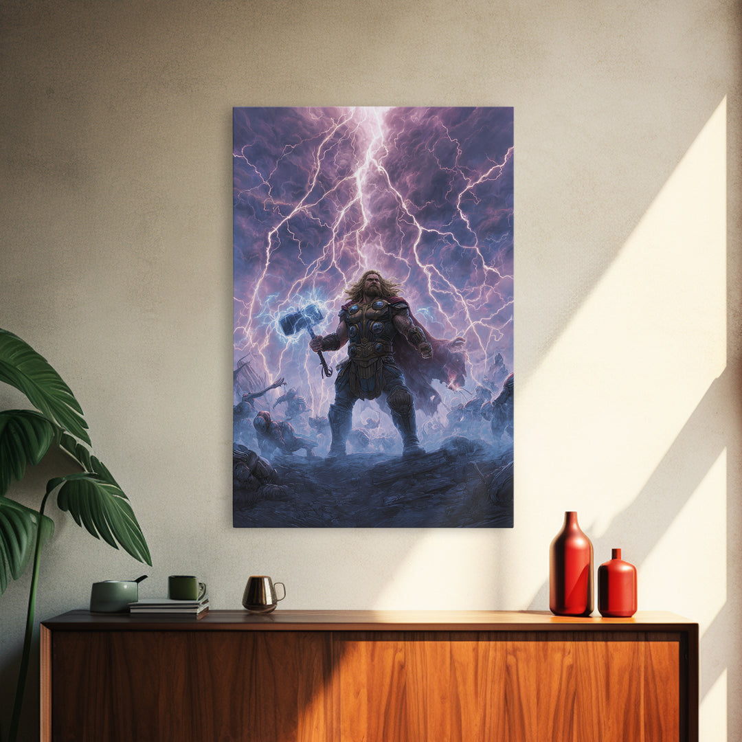 Thunder Warrior With Hammer In Lightning Storm Wall Art, Norse Mythology Canvas Print, Viking Decor, Epic Fantasy Gift For Him