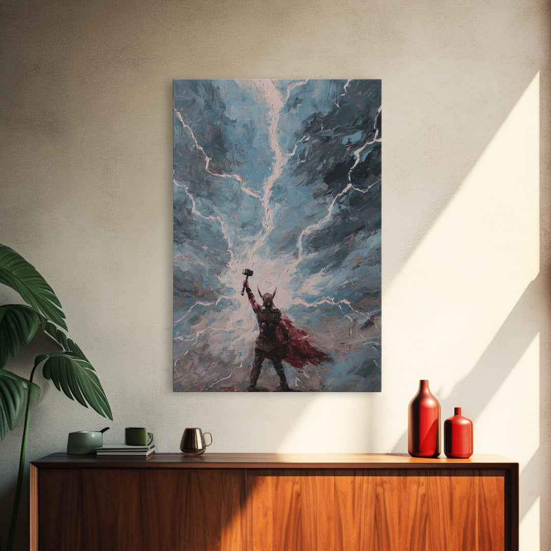 Norse Thunder Warrior Raising Hammer Wall Art, Lightning Storm Canvas Print For Fantasy Decor And Mythology Gift For Him