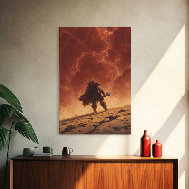 Epic Norse Thunder Warrior Under Fiery Sky Wall Art, Mythic Hammer Canvas Print, Dramatic Viking Fantasy Decor, Gift For Him