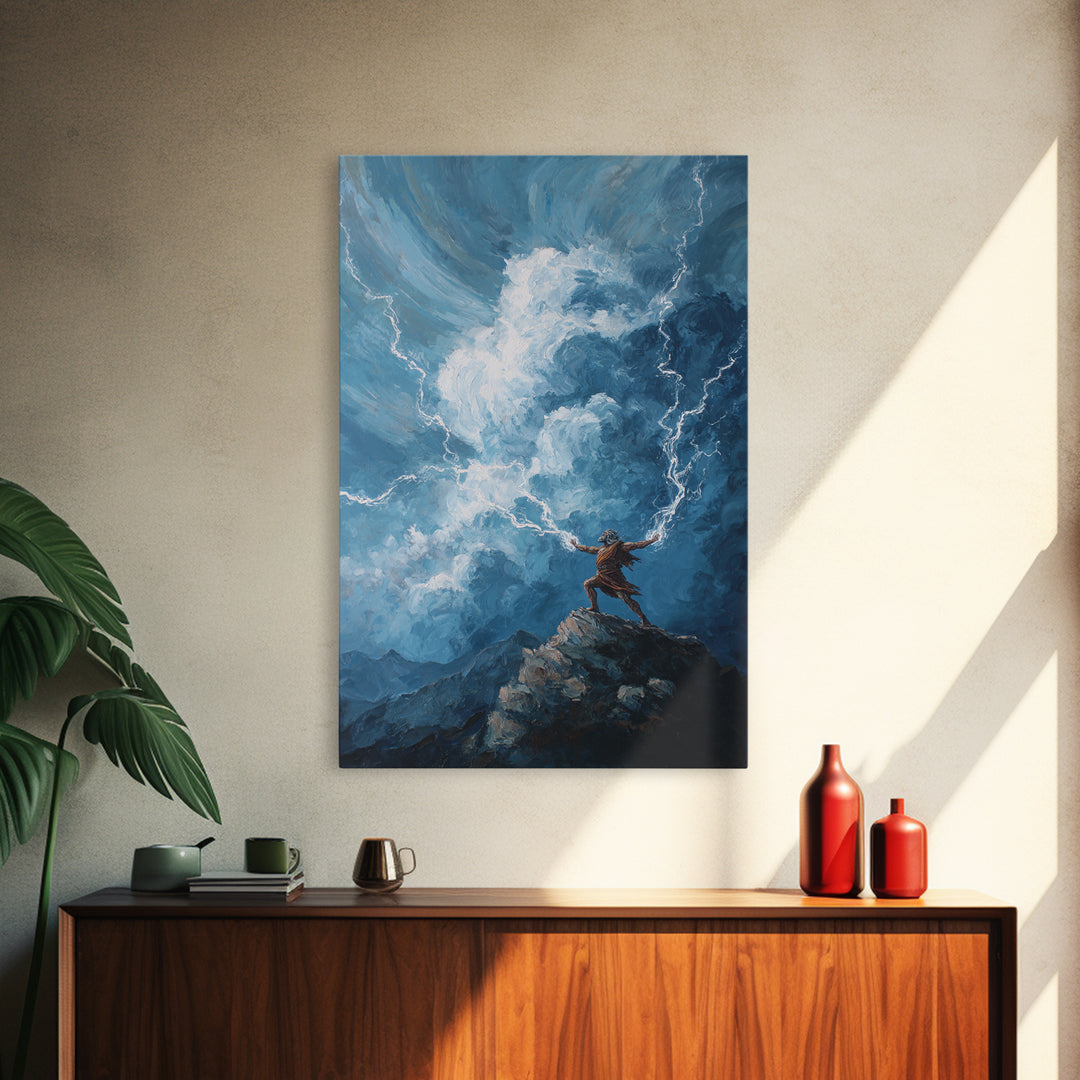 Tiny Warrior On Mountain Summoning Lightning Wall Art, Epic Storm Canvas Print For Fantasy Landscape Decor And Gift For Him