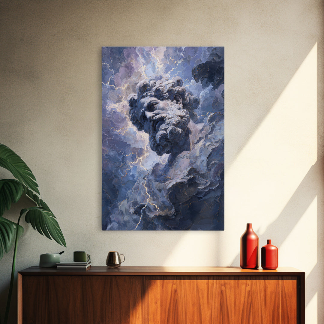 Classical Marble God In Thunder Clouds Framed Canvas Print, Mythology Wall Art, Dramatic Storm Decor, Dark Academia Gift