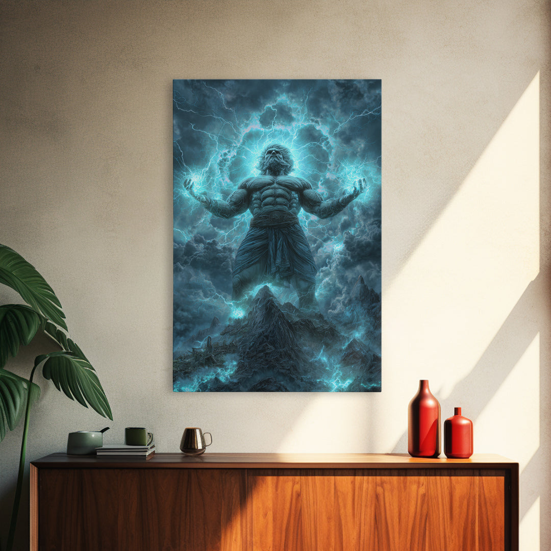 Titan Storm God Above Mountains Wall Art, Mythological Lightning Canvas Print, Fantasy Landscape Decor, Powerful Gift For Him