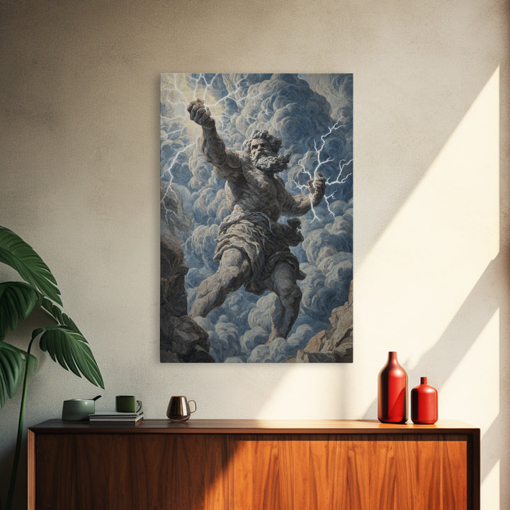 Zeus Lightning God Wall Art, Greek Mythology Statue Painting, Dramatic Storm Clouds Canvas Decor For Classical Home Gift