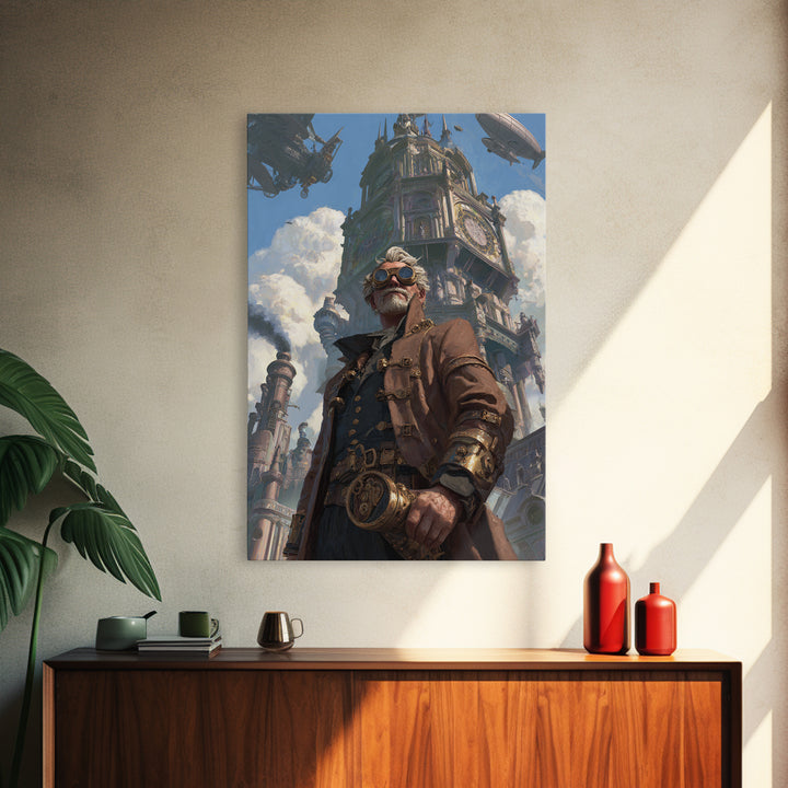 Steampunk Explorer In Futuristic City Wall Art, Airship Fantasy Art Print, Industrial Decor, Statement Office Art, Living Room Decor