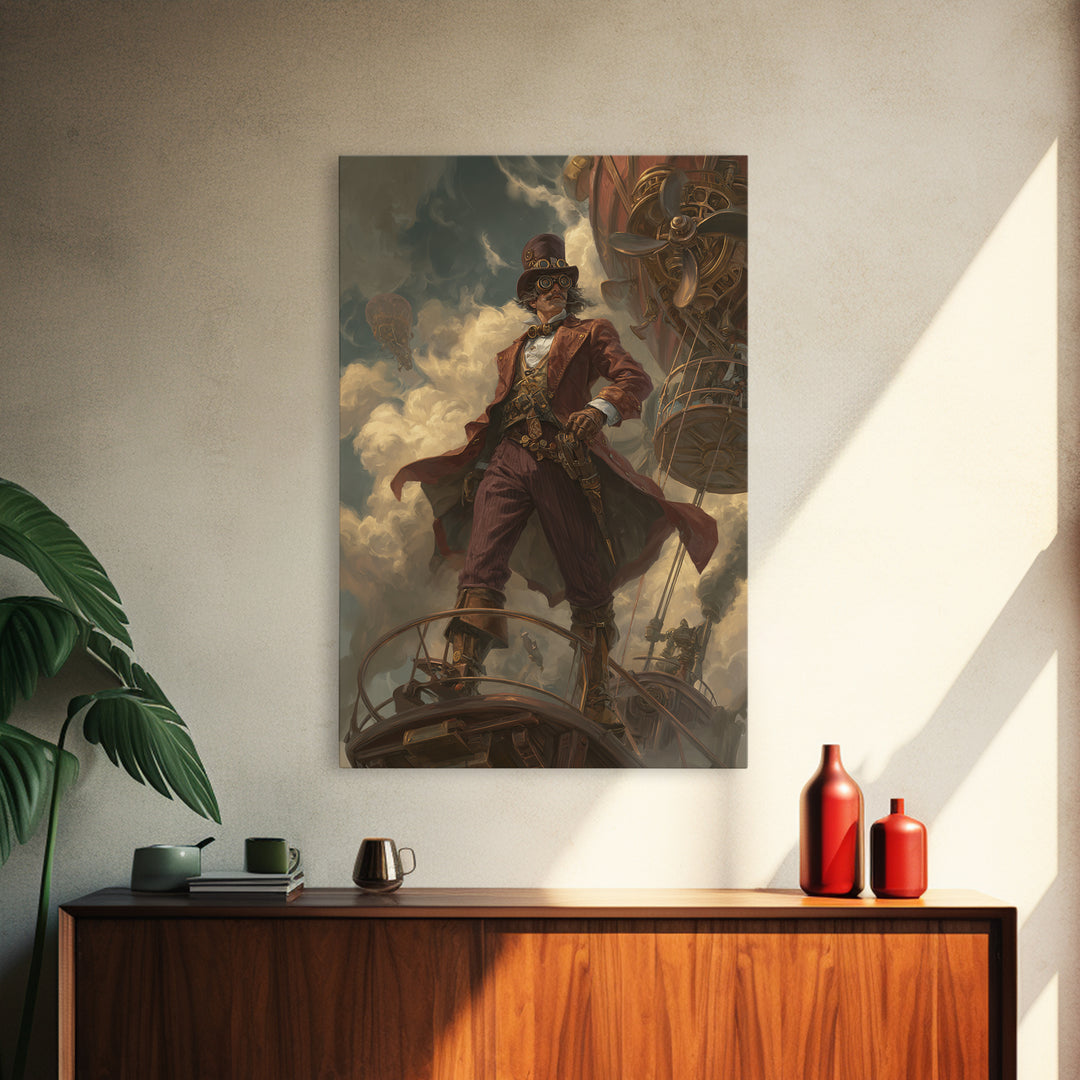 Airship Captain In Storm Clouds Canvas Print, Steampunk Fantasy Art, Industrial Wall Decor, Masculine Office Decor, Gift For Him