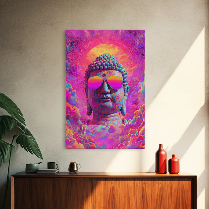 Vibrant Psychedelic Buddha With Colorful Sunglasses Spiritual Wall Art Framed Canvas Print