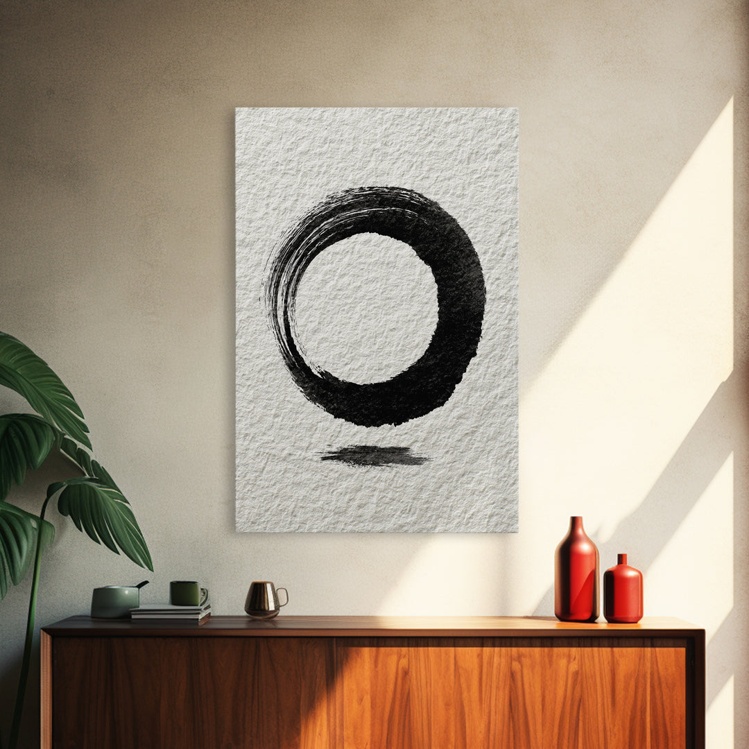 Minimalist Black Ink Circle Zen Enso Brushstroke Wall Art On Textured Paper Abstract Art Framed Canvas Print For Home Office Decor