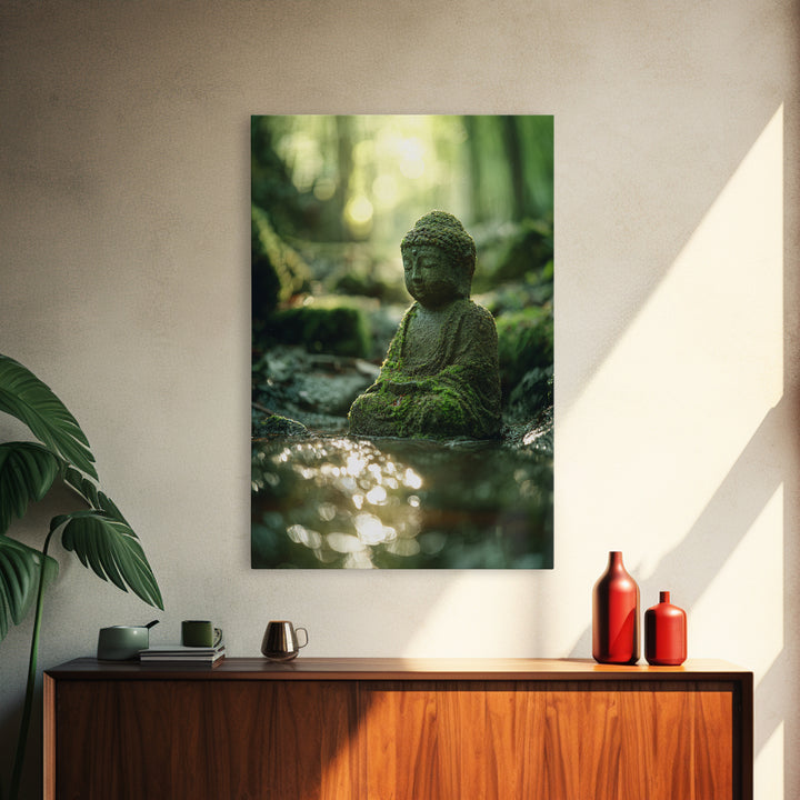 Serene Moss covered Buddha Statue Meditation Forest Wall Art Framed Canvas Print For Zen Home Decor