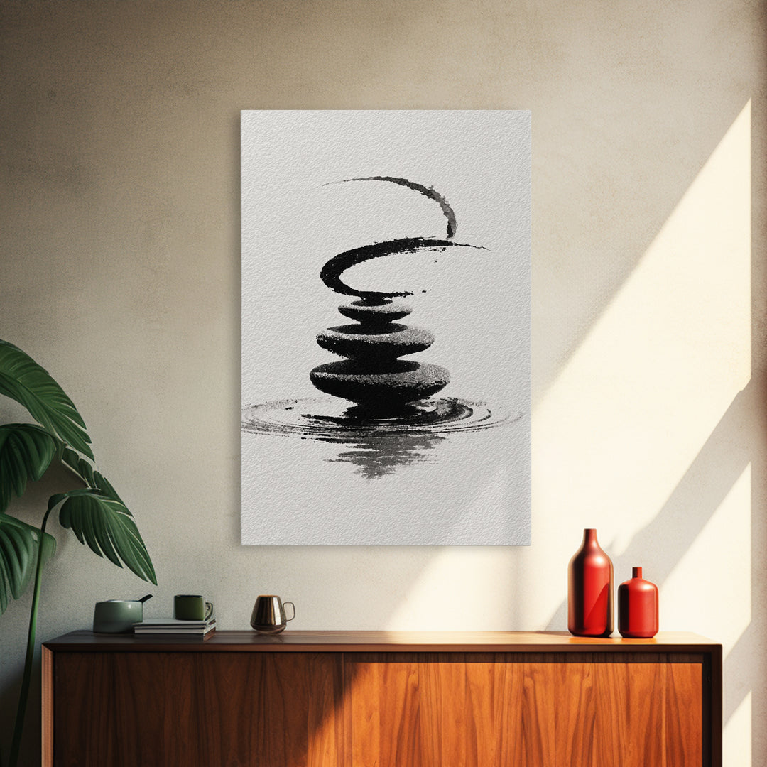 Zen Black And White Inkwash Painting Of Stacked Stones With Circle And Ripples Minimalist Wall Art For Office Decor Canvas Print