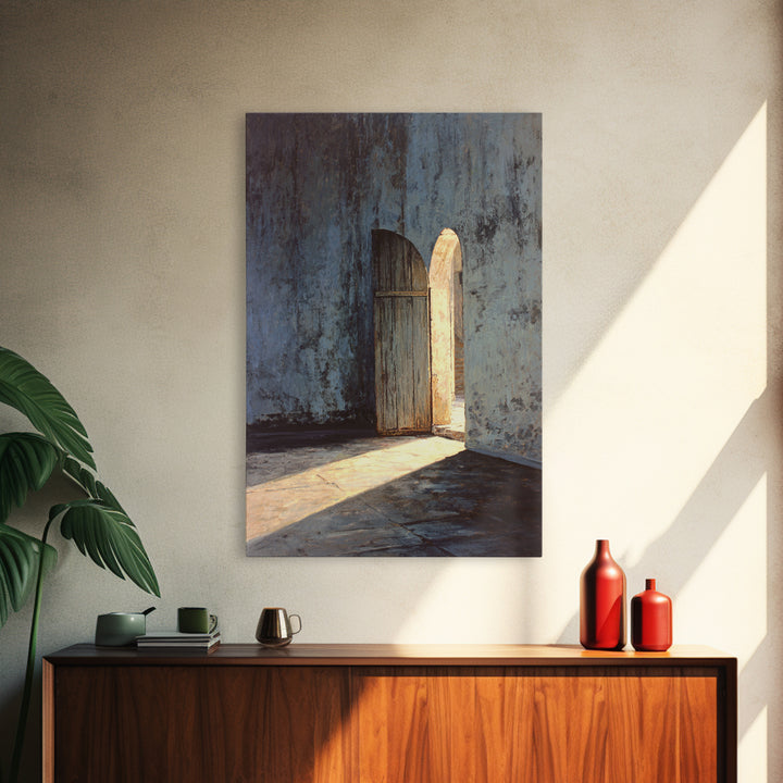 Sunlit Rustic Wooden Doorway In Textured Blue Wall Original Oil Painting Wall Art Framed Canvas Print Historic Architectural Art Print