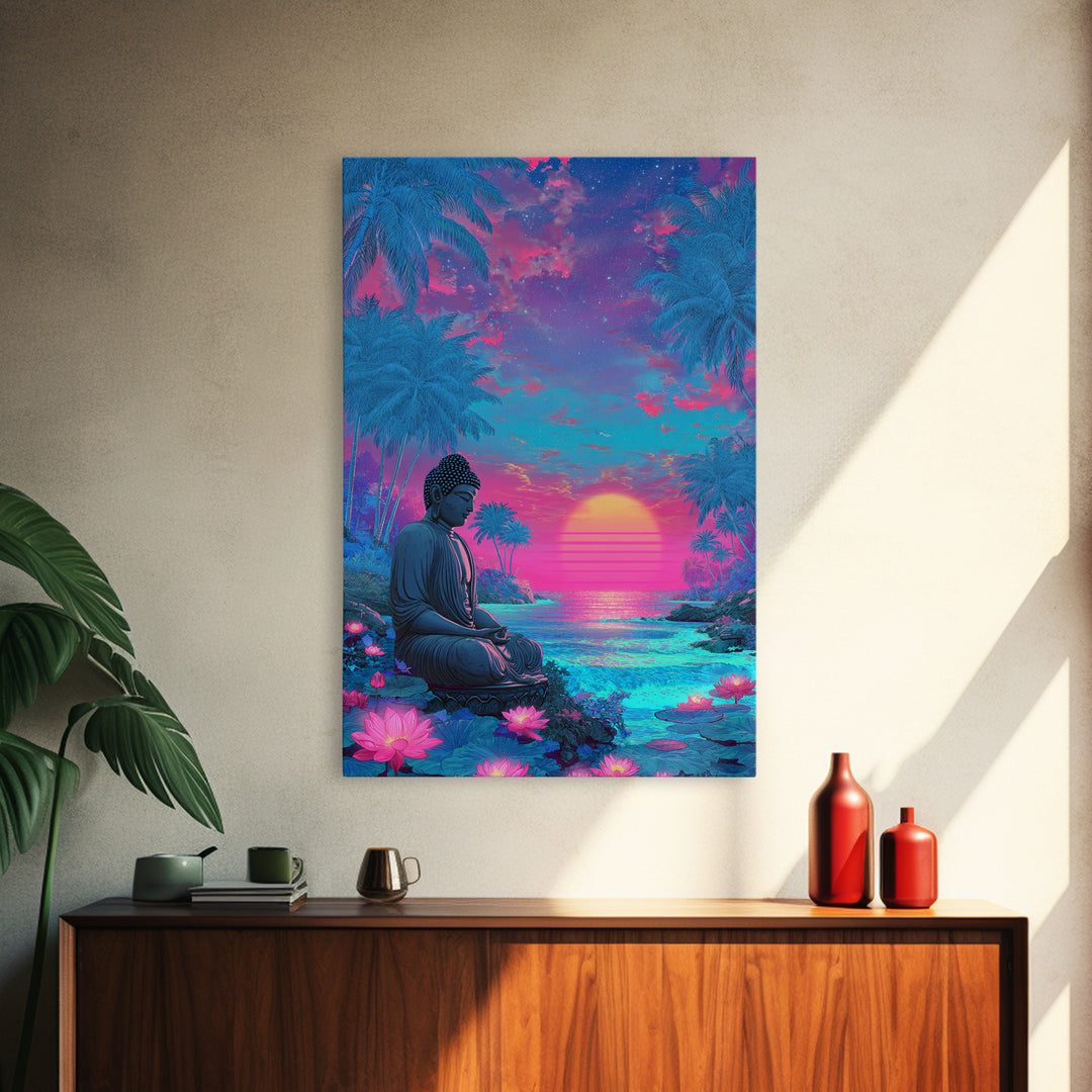 Vibrant Sunlit Buddha Amid Tropical Plants Calm Spiritual Wall Art Canvas Print For Meditation Room or Bedroom Decor