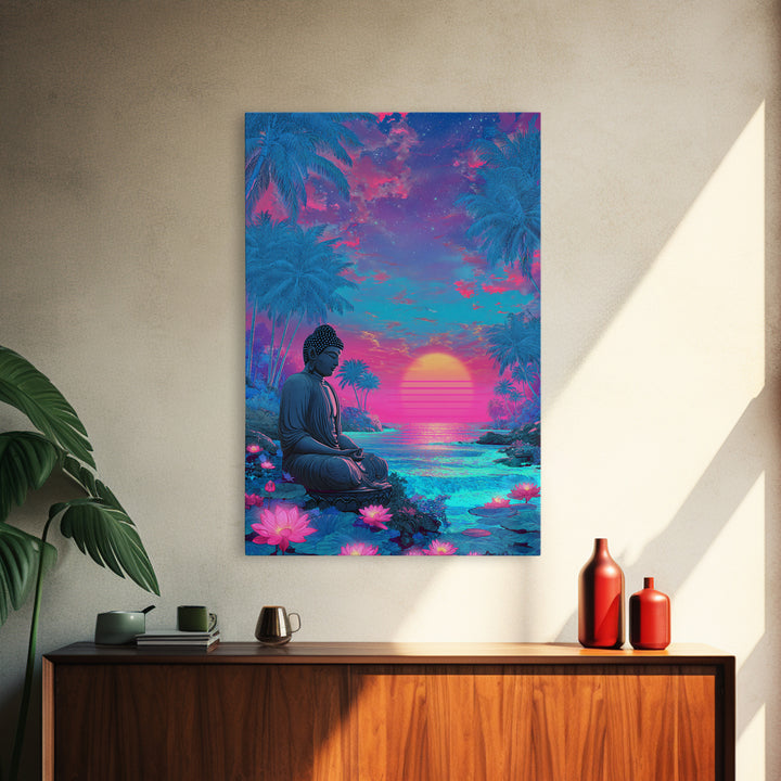 Vibrant Sunlit Buddha Amid Tropical Plants Calm Spiritual Wall Art Canvas Print For Meditation Room or Bedroom Decor