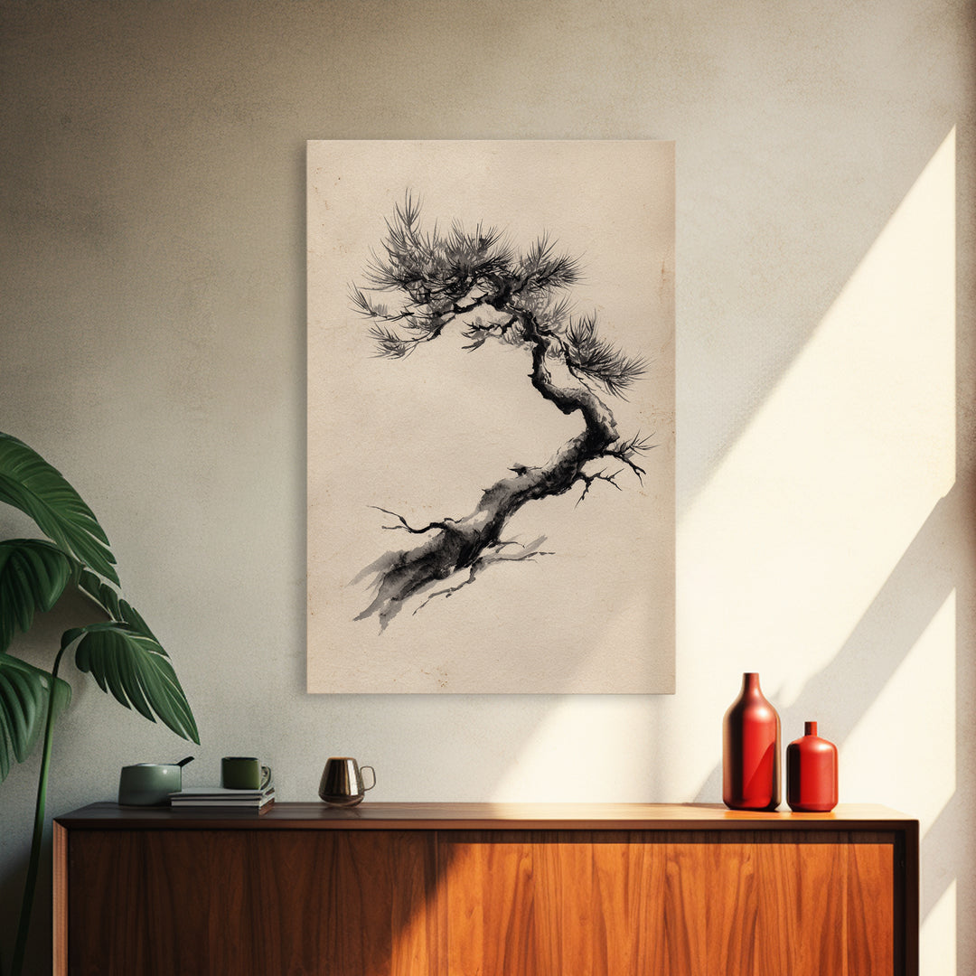 Elegant Black Ink Brush Style Bonsai Tree On Textured Natural Paper Minimalist Botanical Wall Art Print