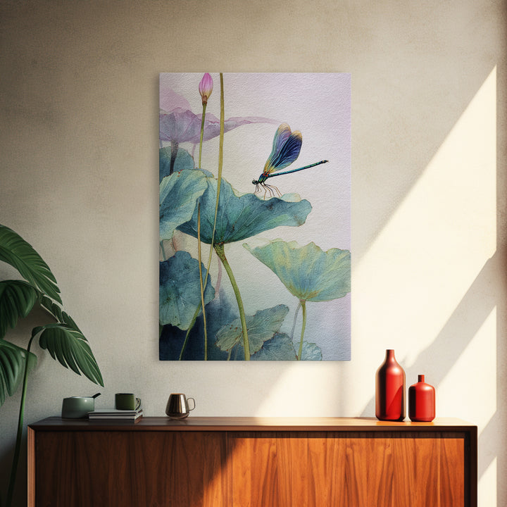 Elegant Watercolor Painting Of Dragonfly On Lotus Leaves With Soft Pastel Background Abstract Art Print Wall Art