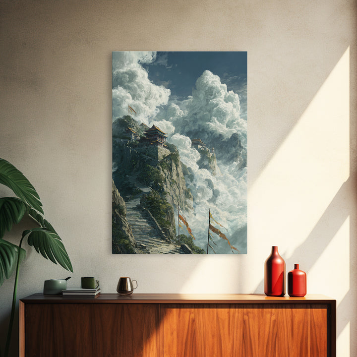 Epic Mountainous Landscape With Towering Clouds And Ancient Temple Original Scenic Wall Art Framed Canvas Print Dramatic Nature Painting
