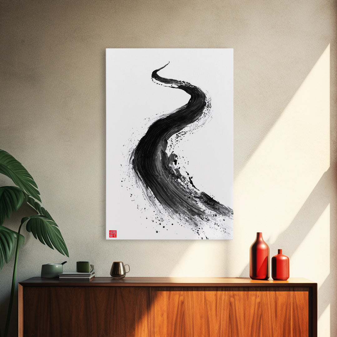 Dynamic Abstract Black Ink Brush Stroke Flow Calligraphy Art Print Minimalist Wall Art For Modern Home Decor Framed Canvas Print