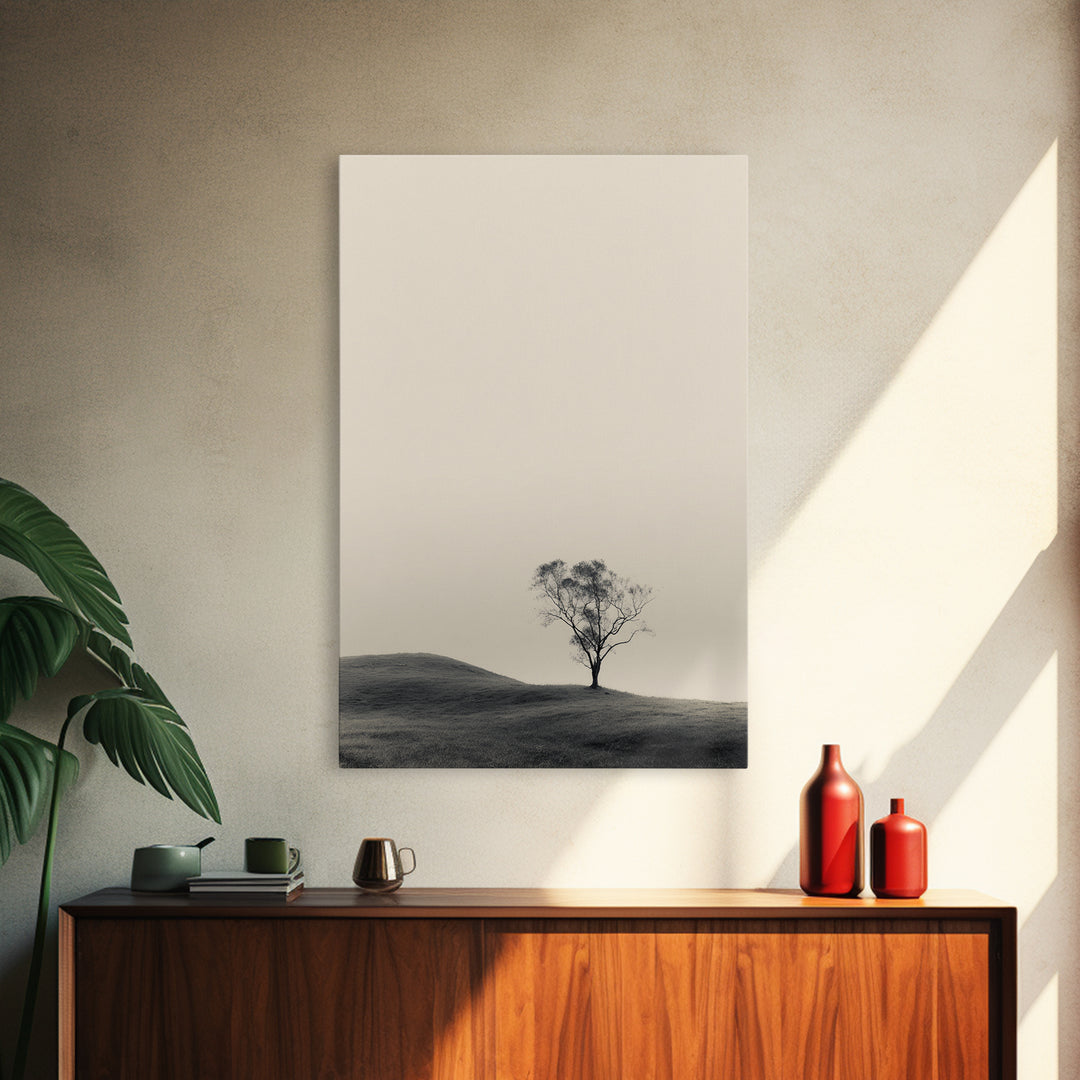 Solitary Tree Landscape Black White Minimalist Nature Wall Art Print Framed Canvas Print For Modern Home Decor