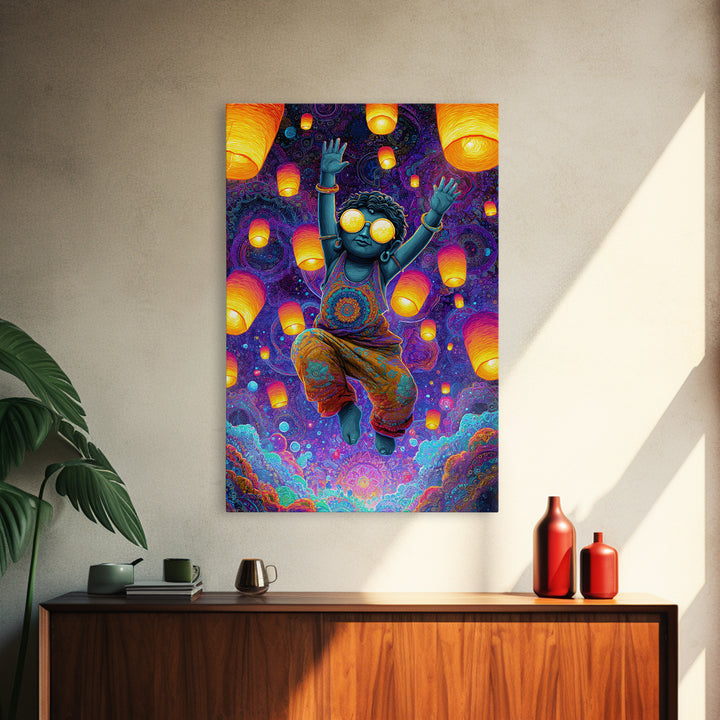 Joyful Blue Child With Lanterns Colorful Abstract Painting Wall Art For Kids Room