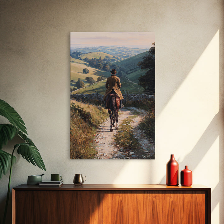 Equestrian Rider On Country Lane Framed Canvas Print, Rolling Hills Landscape Art, Horse Wall Decor, Rustic Farmhouse Decor