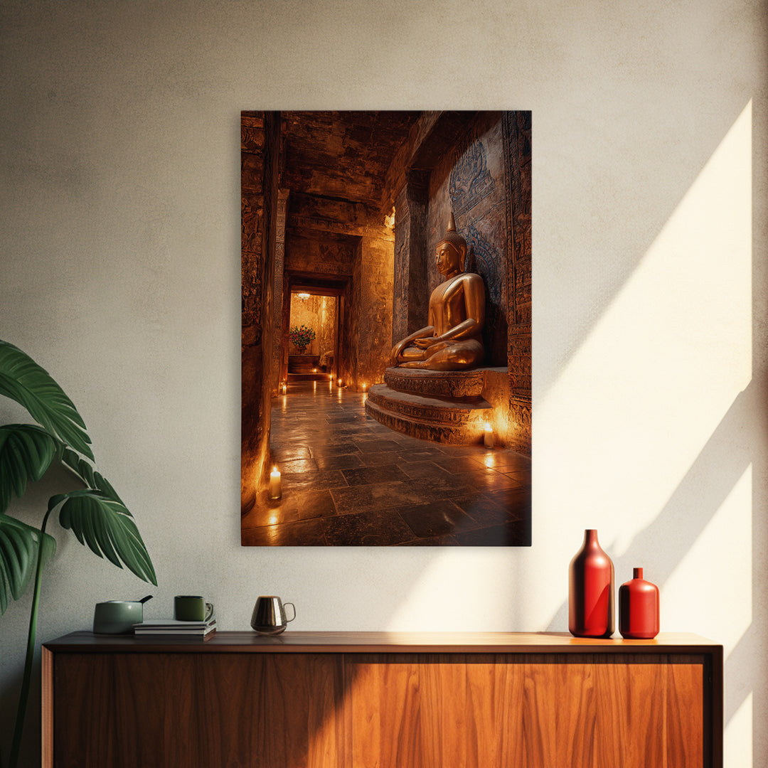 Ancient Temple Buddha Statue Lit By Candlelight Mystical Wall Art Canvas Print Sacred Asian Home Decor