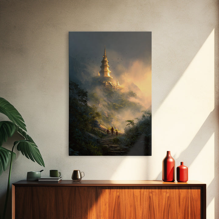 Mystical Misty Mountain Temple Landscape Wall Art Canvas Print For Spiritual Home Decor And Calming Living Room Decoration