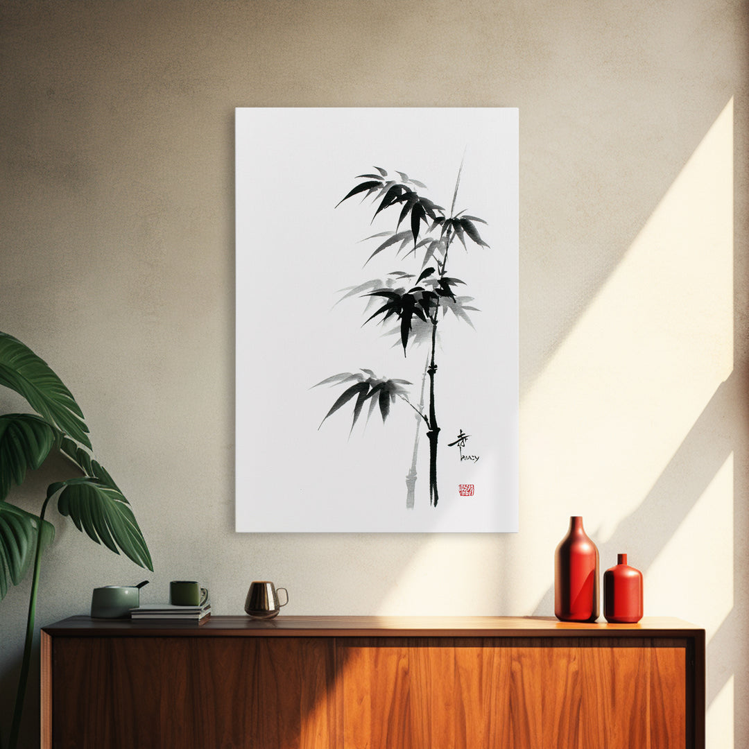 Traditional Black Ink Bamboo Painting Canvas Print, Japanese Sumi-e Style Wall Art, Elegant Minimalist Home Decor