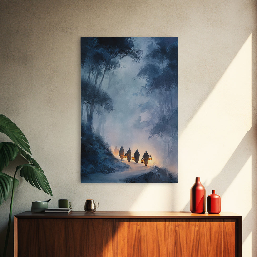 Mystical Buddhist Monks Carrying Lanterns Through Misty Forest Path Wall Art Print For Tranquil Home Decor