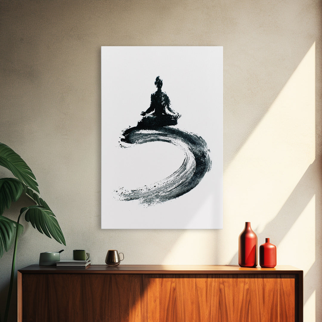 Black Ink Zen Meditation Wall Art Minimalist Brushstroke Canvas Print Peaceful Yoga Decor For Mindfulness And Spa