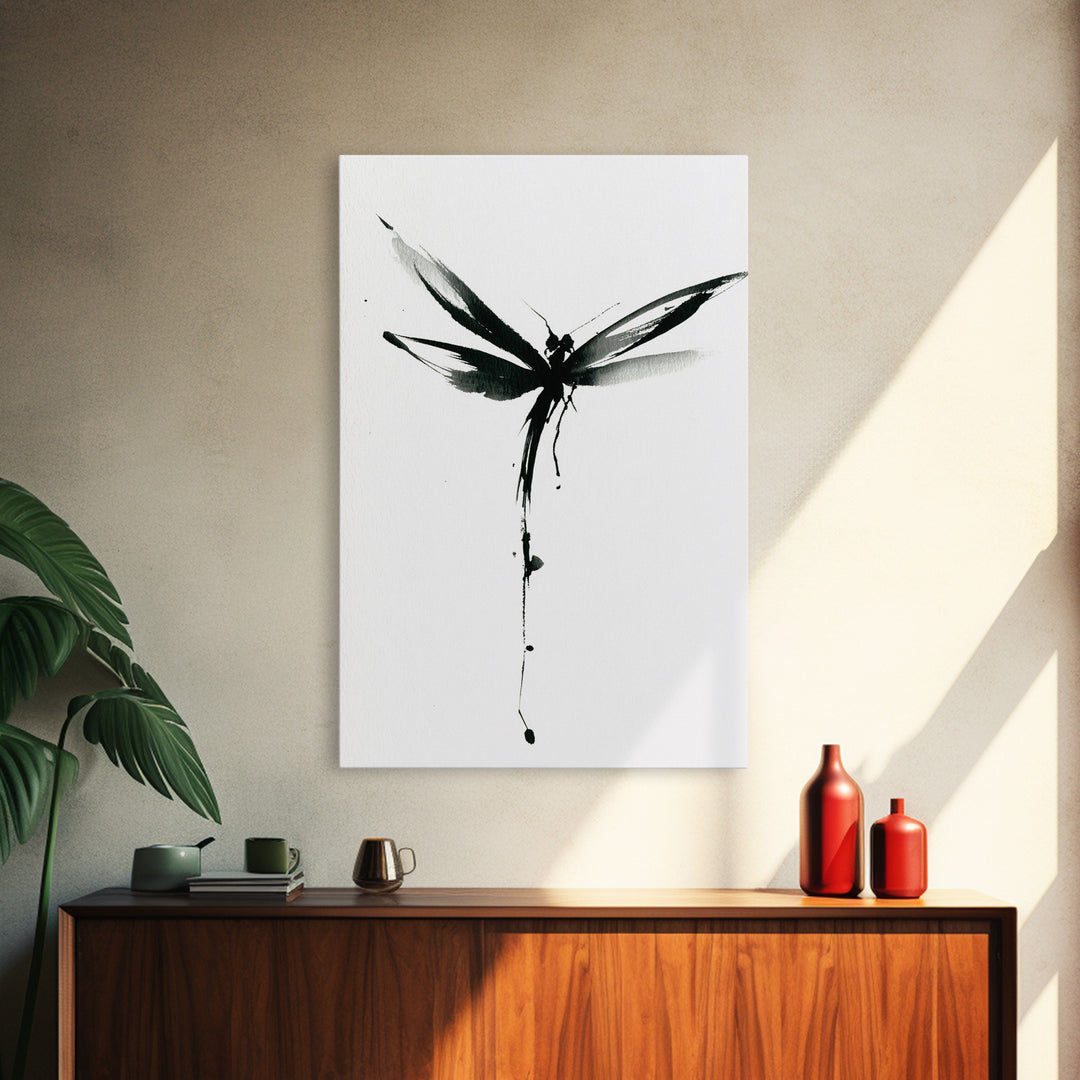 Minimalist Black Ink Dragonfly Wall Art Print Monochrome Canvas Print For Bedroom And Living Room Decor