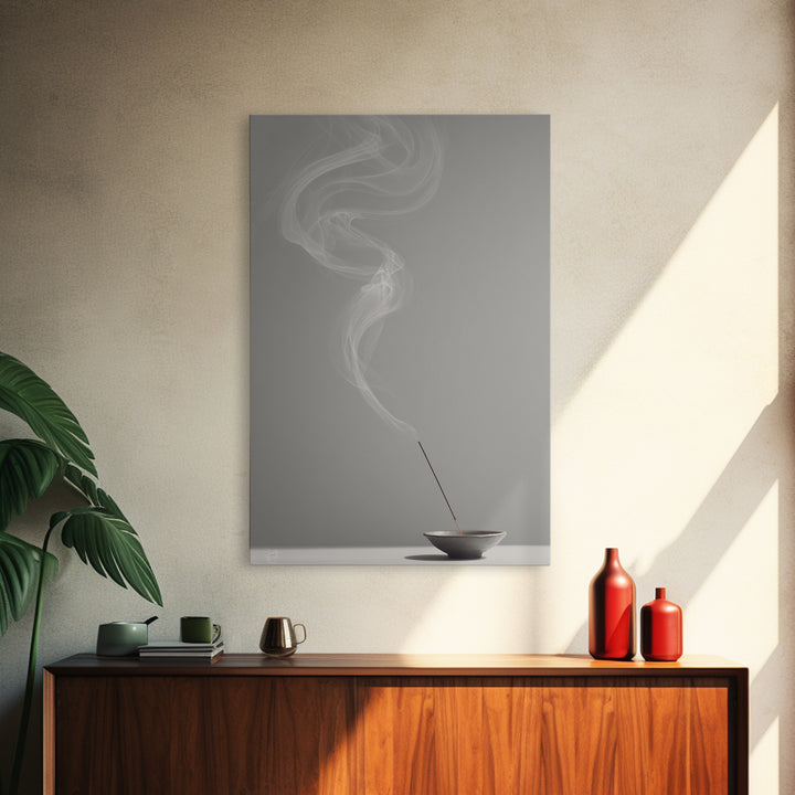 Mystical Incense Stick With Smoke Swirls On Minimalist Gray Background Canvas Print For Relaxation Spaces
