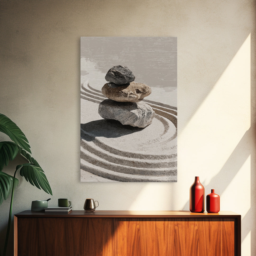 Zen Stones And Sand Minimalist Wall Art Print Tranquil Home Decor Framed Canvas Print