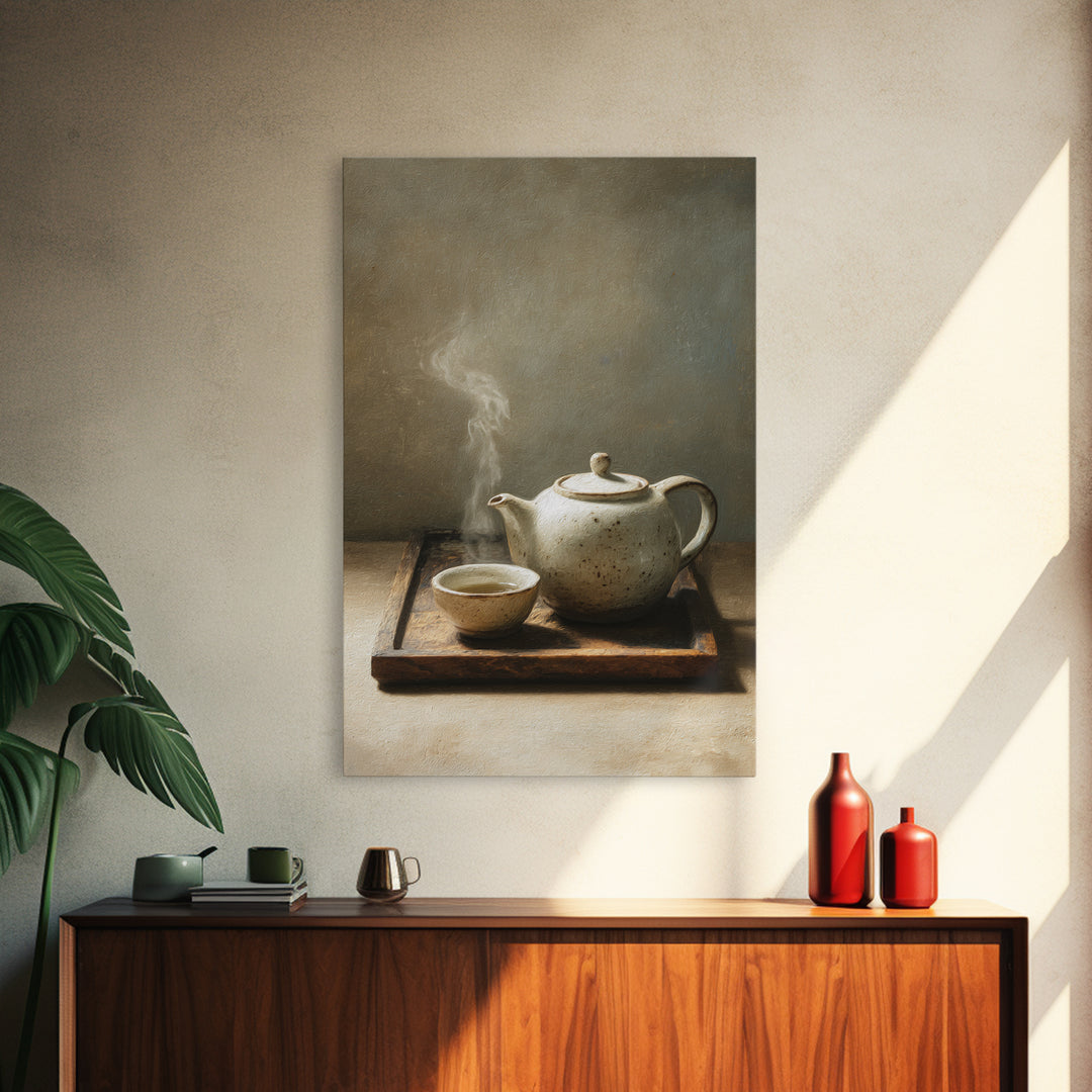 Minimalist Still Life With White Ceramic Teapot And Cup Steam Rising Wall Art Print Modern Canvas Print