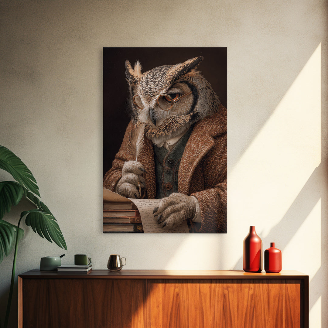 Wise Owl Scholar With Quill Wall Art, Whimsical Animal Portrait, Dark Academia Library Decor, Bird Art Print, Unique Gift