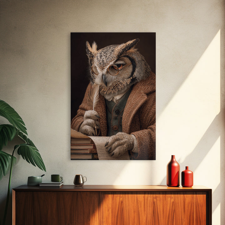 Wise Owl Scholar With Quill Wall Art, Whimsical Animal Portrait, Dark Academia Library Decor, Bird Art Print, Unique Gift