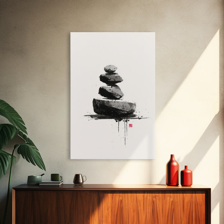 Zen Rock Balancing Japanese Ink Style Minimalist Wall Art Black And White Canvas Print For Modern Home Decor