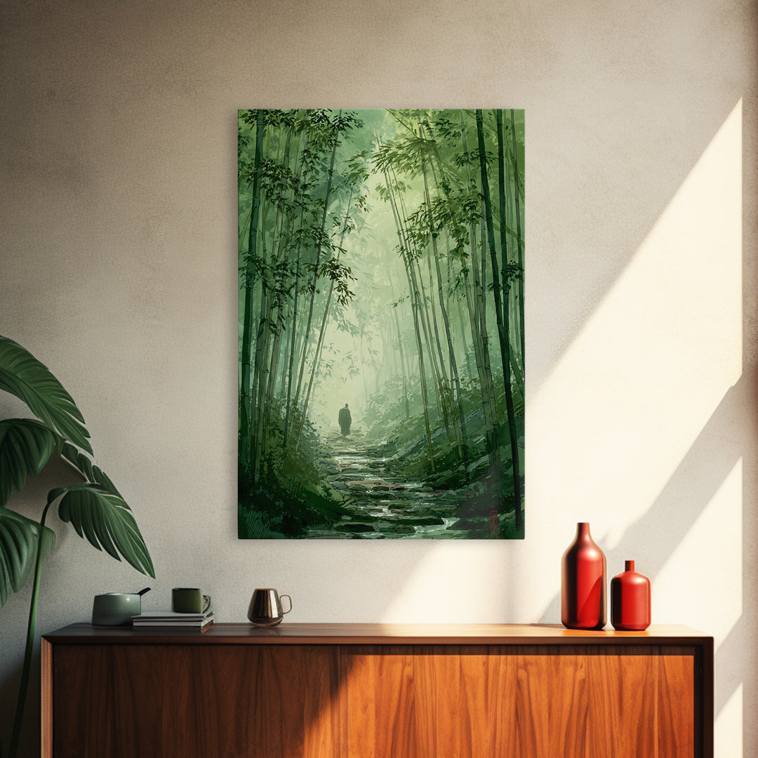 Quiet Green Bamboo Forest Path With Figure Walking Amongmist Framed Canvas Print For Serene Nature Wall Art And Home Decor
