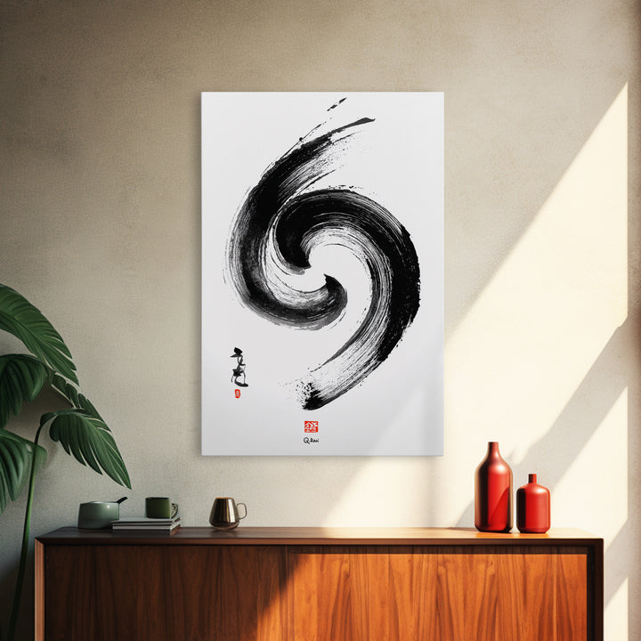 Zen Swirling Ink Brush Stroke Abstract Wall Art Minimalist Black And White Canvas Print For Modern Home Decor And Office