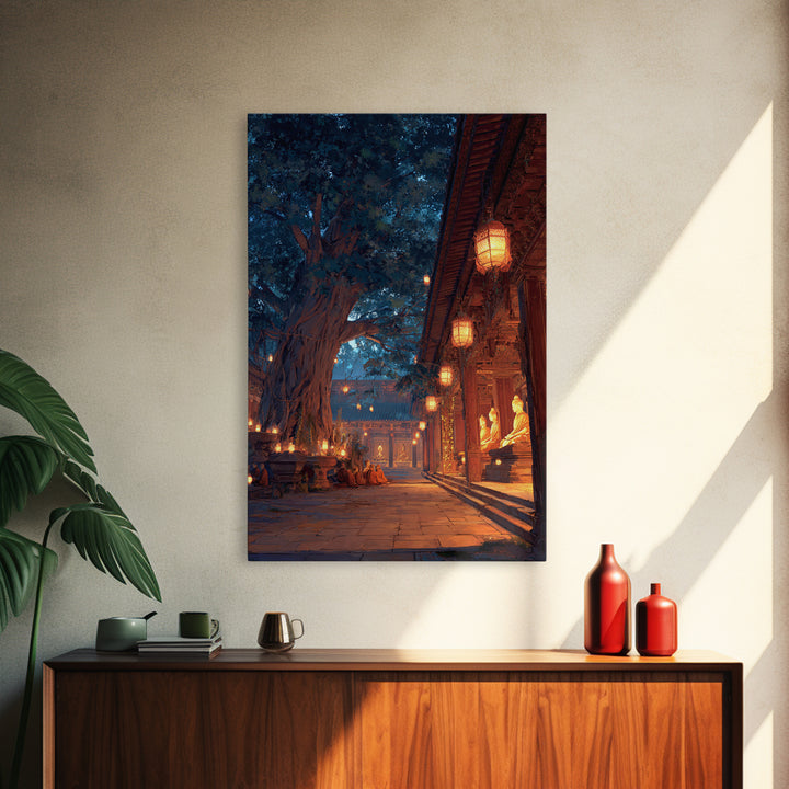 Peaceful Asian Temple And Monks At Dusk Digital Oil Painting Wall Art Canvas Print For Spiritual Home Decor