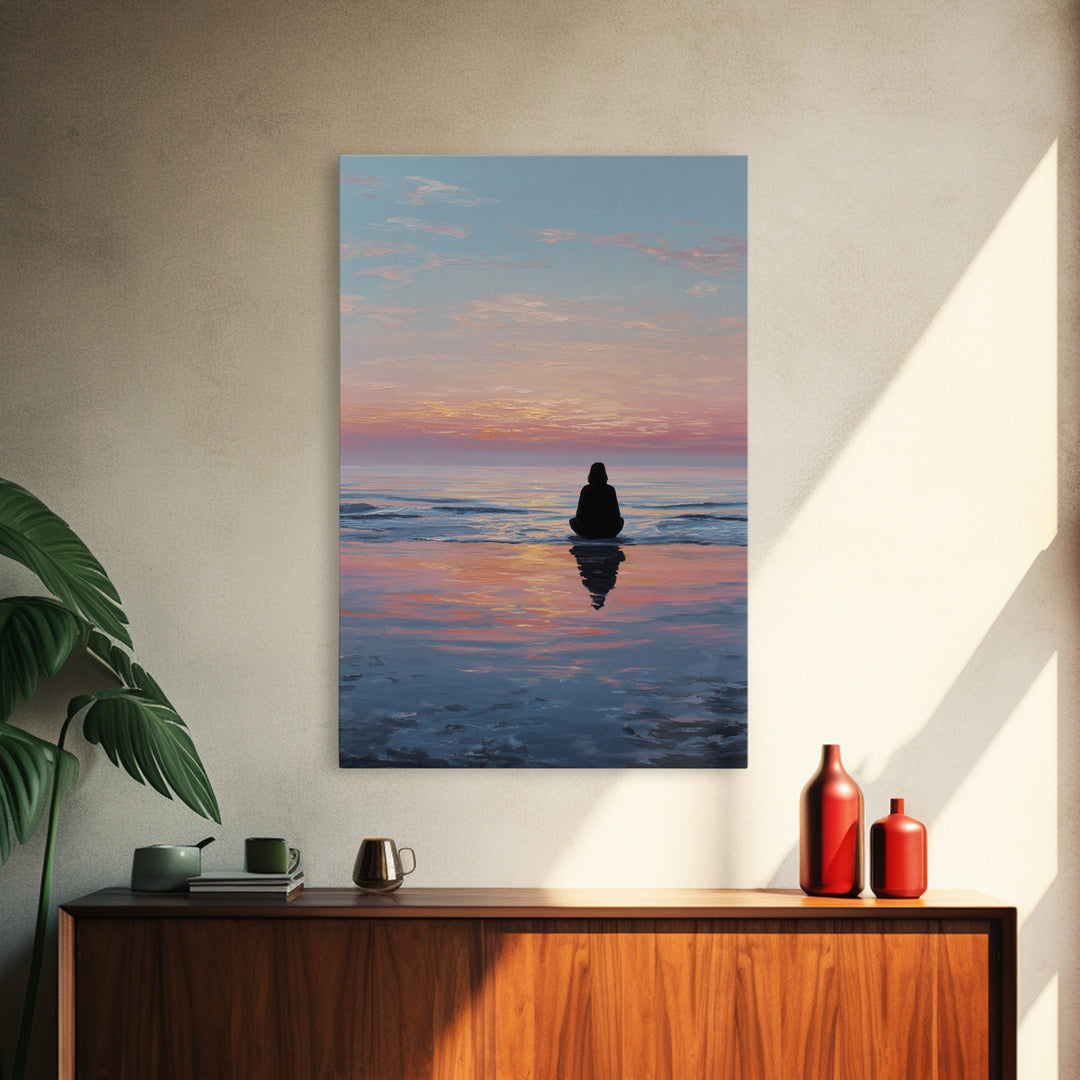 Serene Woman Meditating Beach Sunset Oil Painting Modern Wall Art Framed Canvas Print Peaceful Home Decor