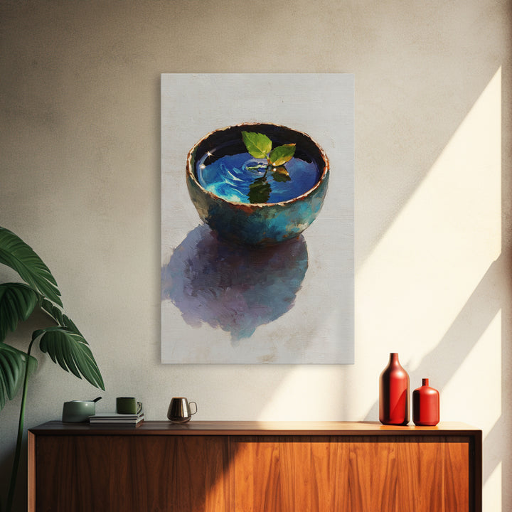 Rustic Blue Pottery Bowl With Leaf Reflection Oil Painting Framed Canvas Print For Home Decor And Wall Art