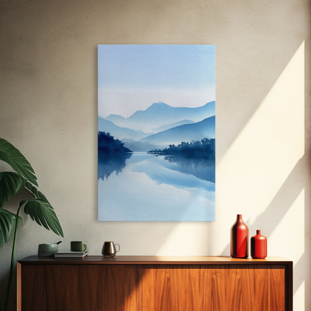 Tranquil Blue Mountain Landscape Painting Watercolor Style Canvas Print For Minimalist Bedroom And Office
