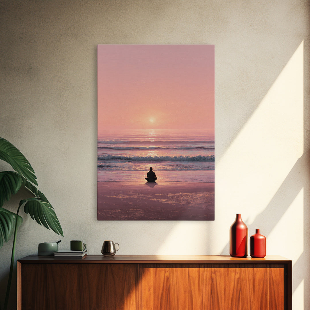 Meditative Seaside Sunset With Silhouette Sitting On Beach Wall Art Beautiful Ocean Canvas Print For Zen Home Decor
