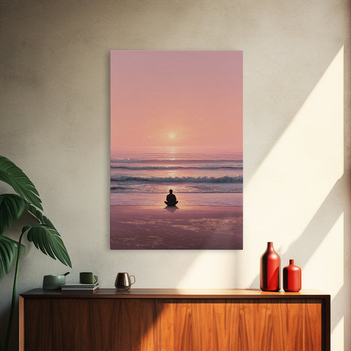 Meditative Seaside Sunset With Silhouette Sitting On Beach Wall Art Beautiful Ocean Canvas Print For Zen Home Decor