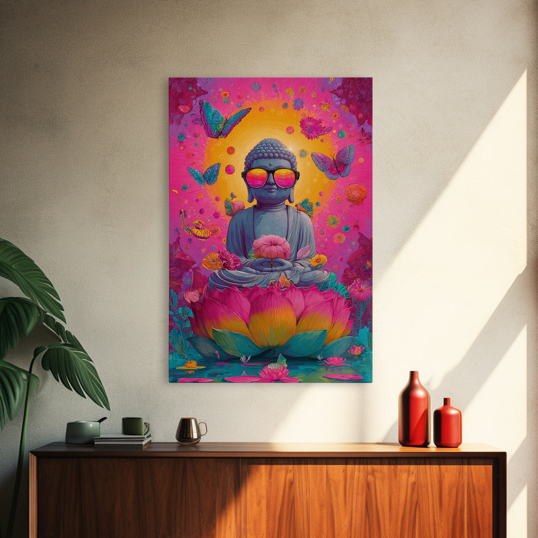 Futuristic Cityscape At Night With Neon Light Grid And Massive Pink Sun Vibrant Digital Artwork Canvas Print For Modern Office Decor