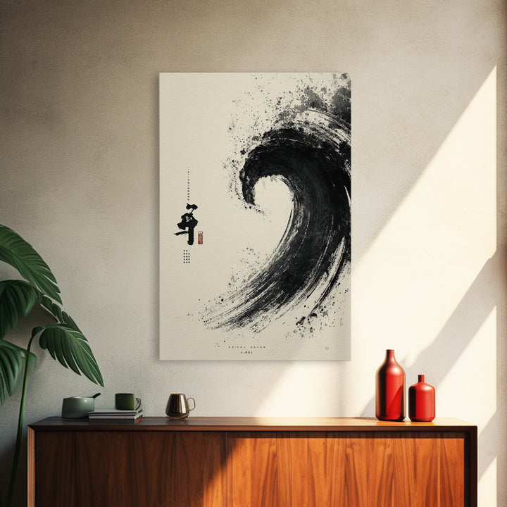 Serene Japanese Inspired Wave Ink Painting Minimalist Wall Art Framed Canvas Print