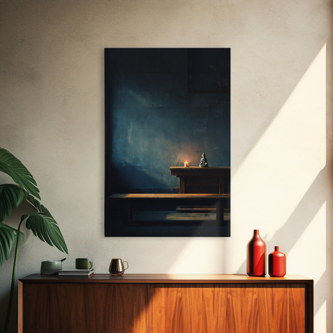 Serene Zen Meditation Room Wall Art Print With Buddha Statue And Candle Framed Canvas Print Minimalist Home Decor Tranquil Wall Art