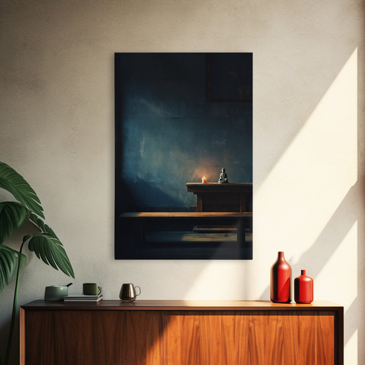 Serene Zen Meditation Room Wall Art Print With Buddha Statue And Candle Framed Canvas Print Minimalist Home Decor Tranquil Wall Art
