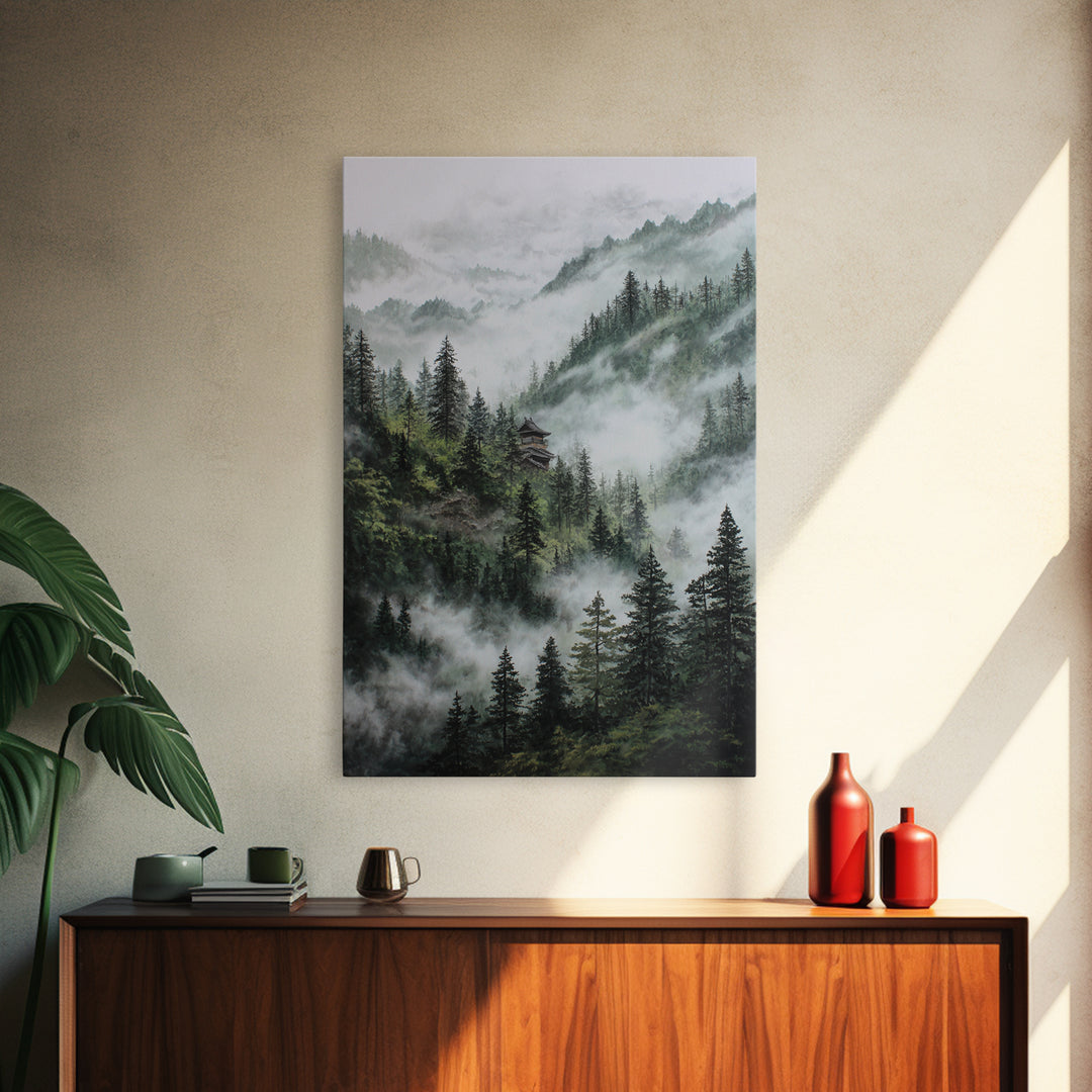 Mist Covered Mountain Landscape With Pine Trees And Hidden Cabin In The Forest Wall Art For Rustic Home Decor Canvas Print